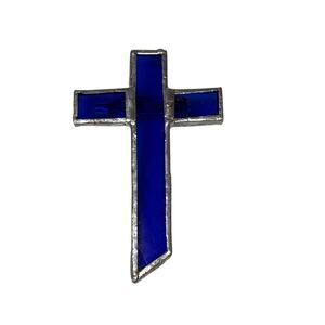 Vintage Cobalt Blue Glass Cross Pin Silver Tone Religious Brooch